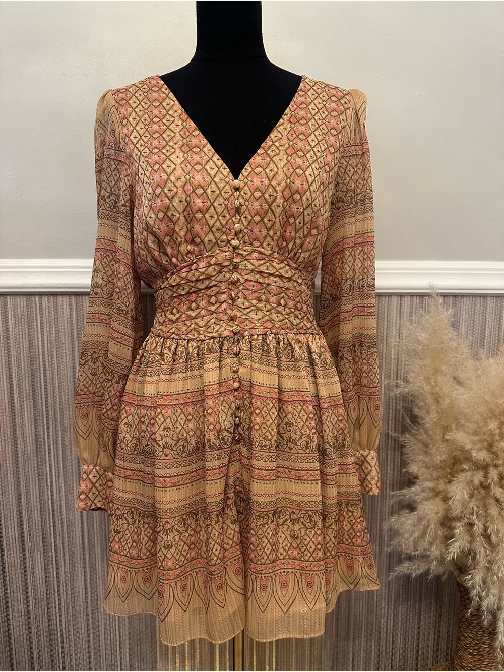 House of Harlow 1960 Metallic Mini Dress Small Pink Gold Long Sleeve Smocked‎